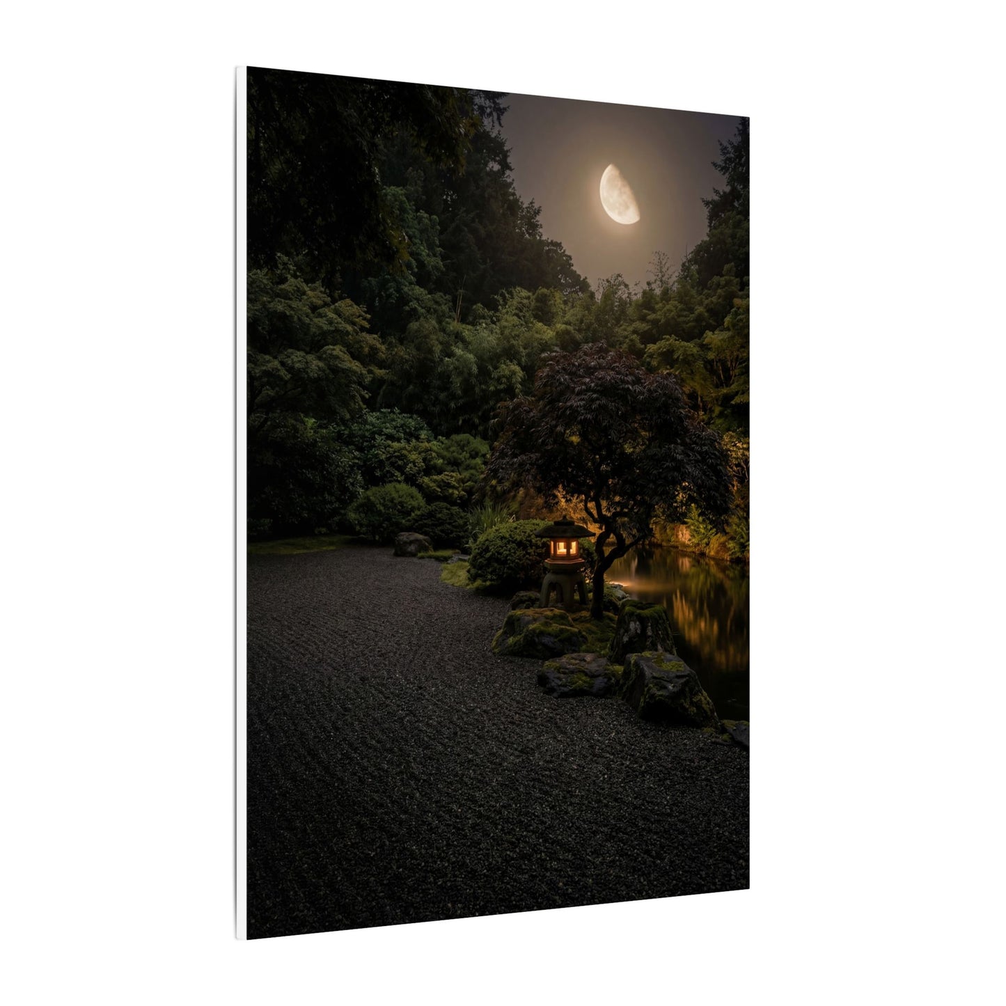 Dark Japandi Moonlit Garden in Golden Hour | Moody Minimal Canvas Art