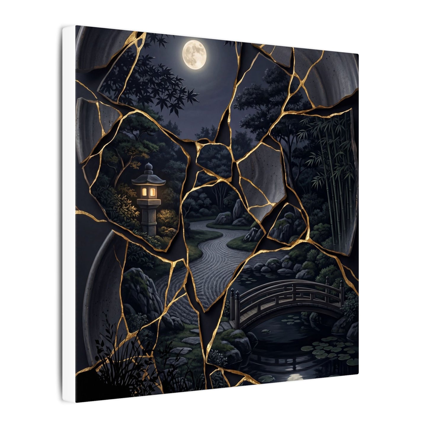 Kintsugi Moonlit Garden in Golden Hour | Gold Repair Canvas Art