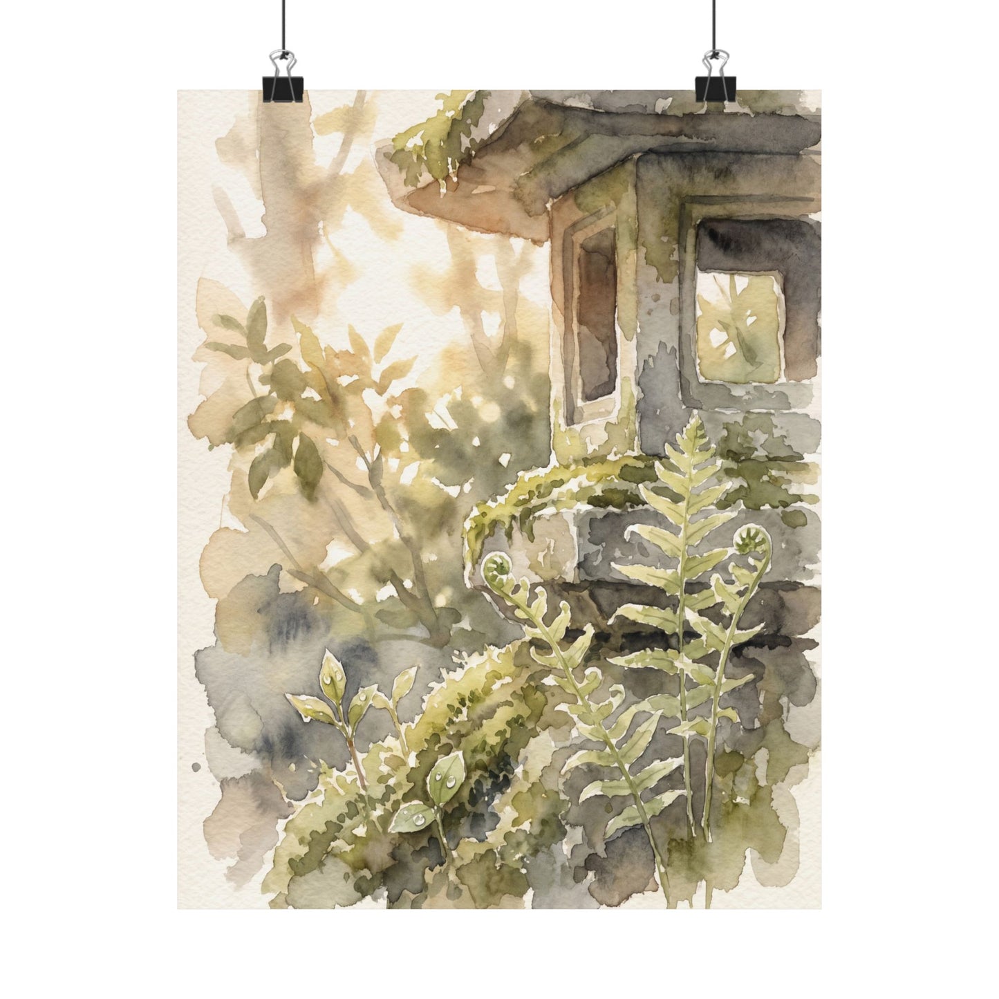 Seijaku Stone Lantern Wall Art Print - Japandi Watercolor