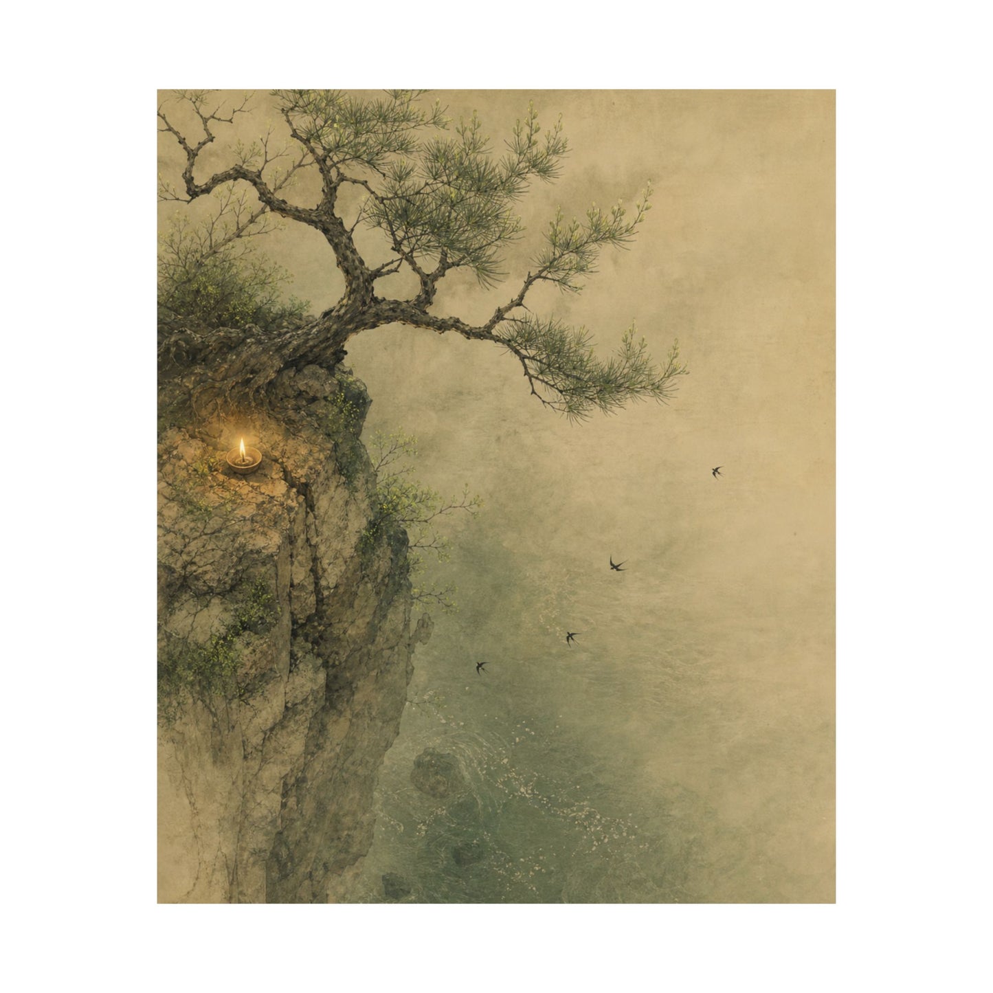 Japandi Pine Tree in Candlelight | Minimal Line Wall Art Print