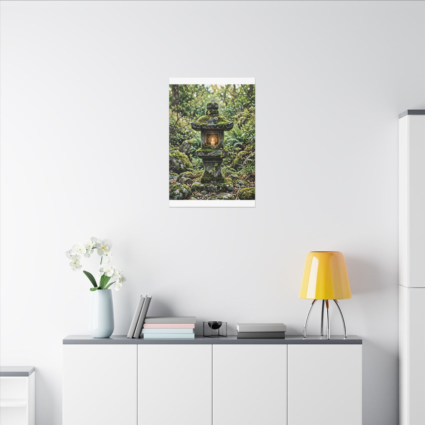 Neutral Stone Lantern Canvas Art - Japanese Pattern Japandi