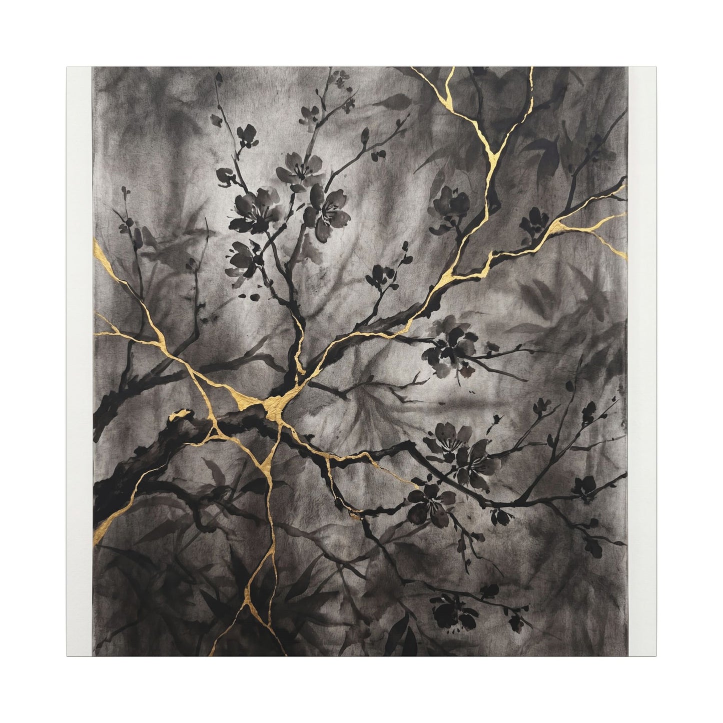 Kanso Cherry Blossom Canvas Art - Kintsugi Crackle Gold