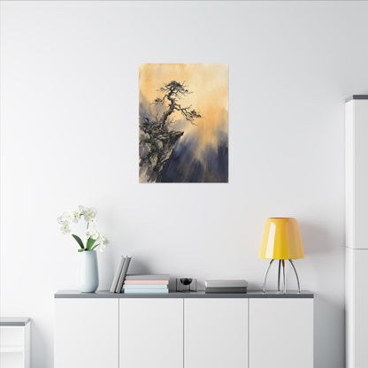 Zen Pine Tree in Golden Hour | Sumi E Canvas Art