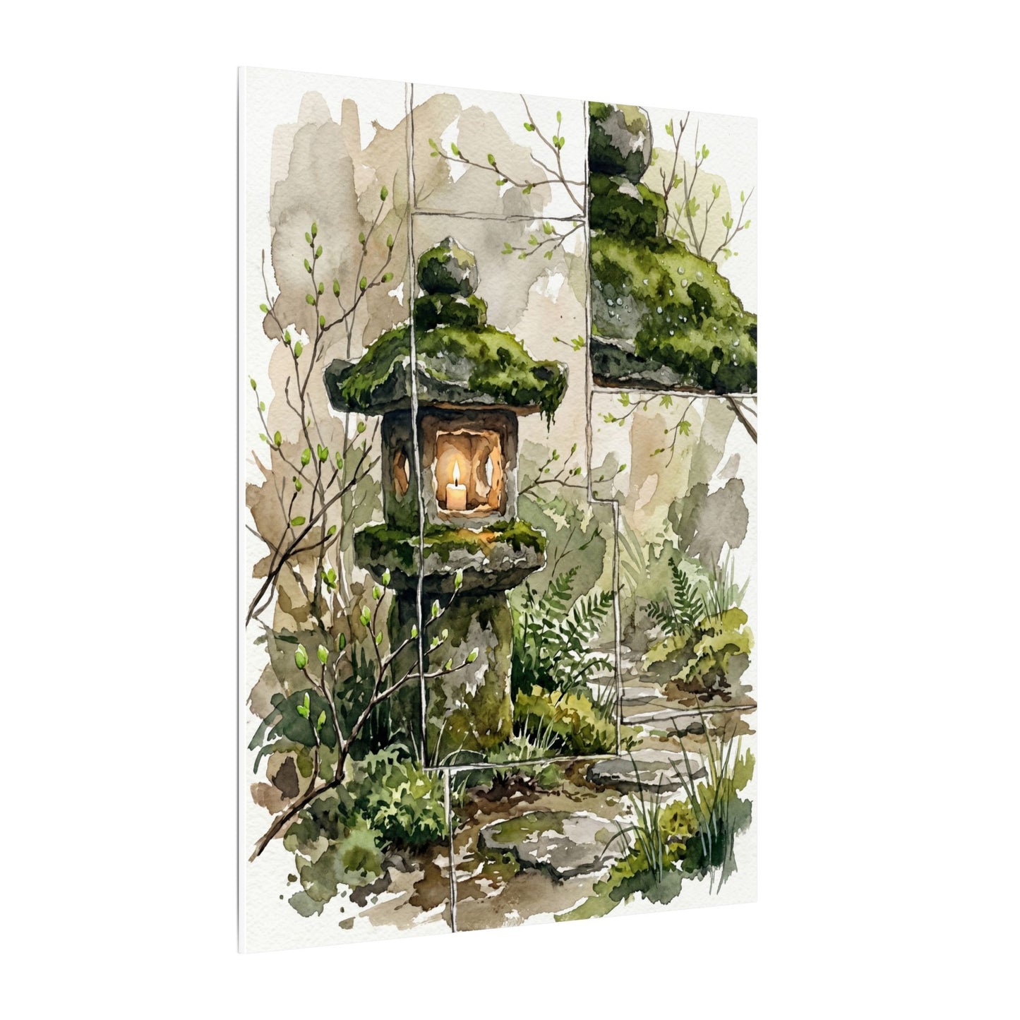 Stone Lantern Watercolor Canvas Art | Elegant Japandi Art