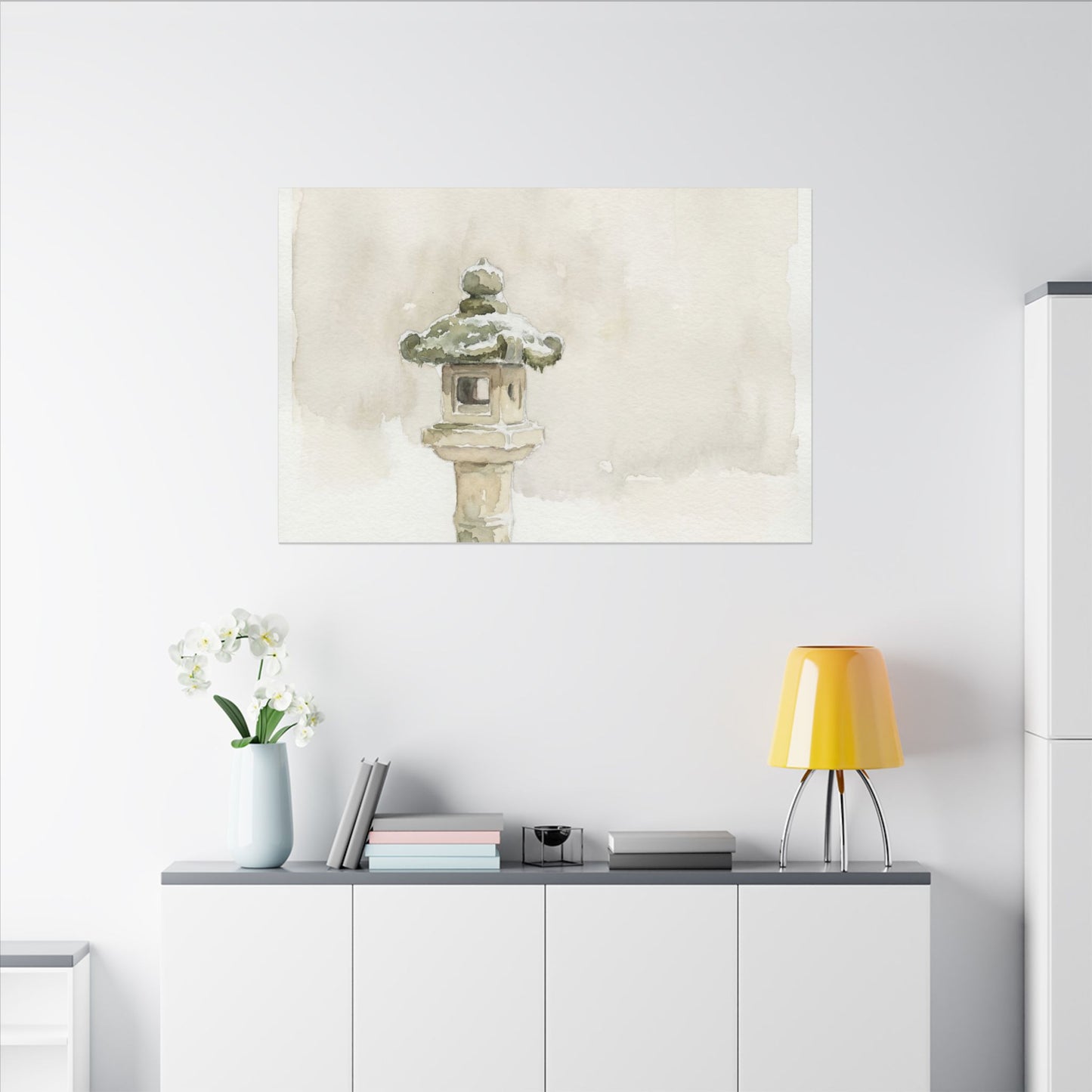 Stone Lantern Winter Canvas Art | Japandi Earthy Design