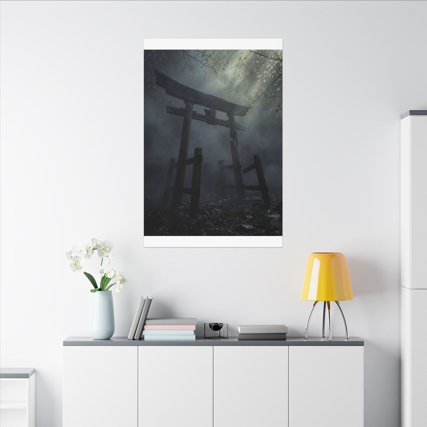 Dark Japandi Torii Gate in Dappled | Moody Minimal Canvas Art