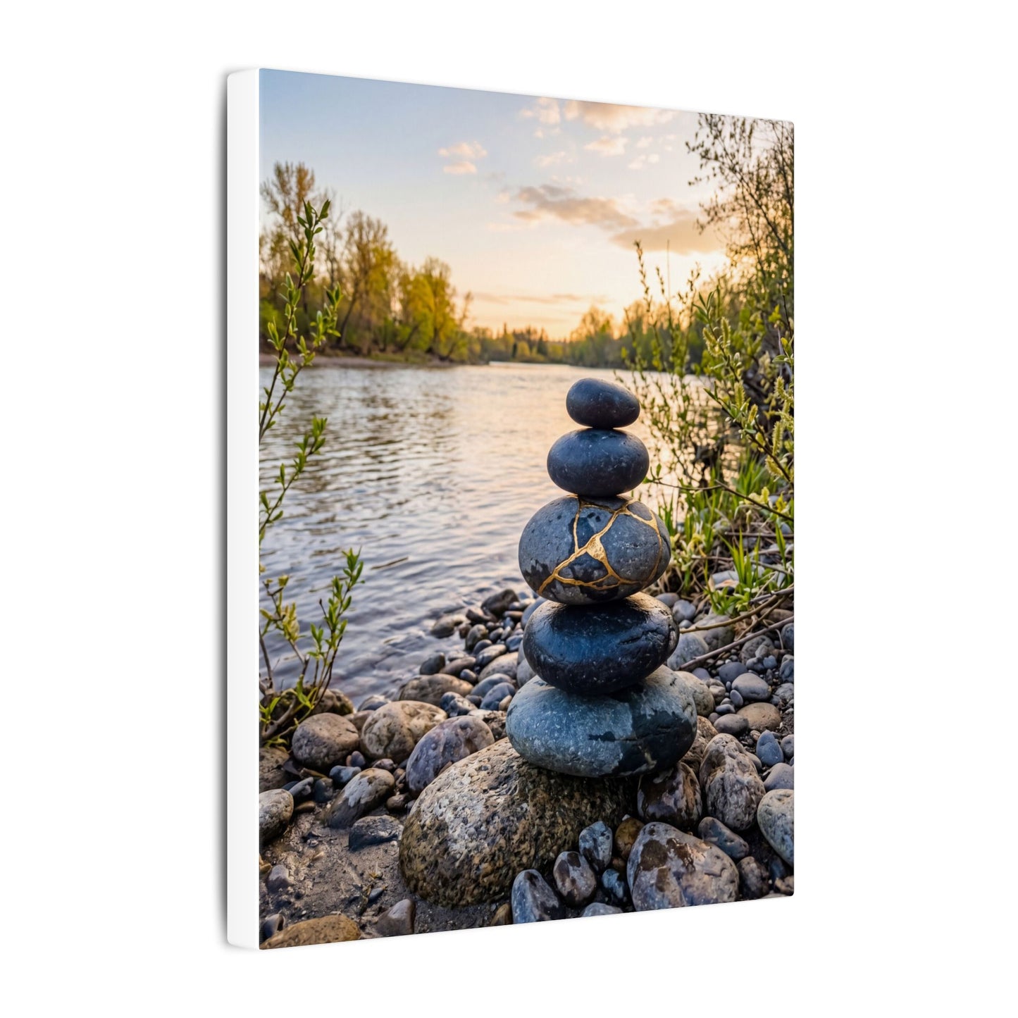 Kintsugi River Stones in Golden Hour | Gold Vein Canvas Art