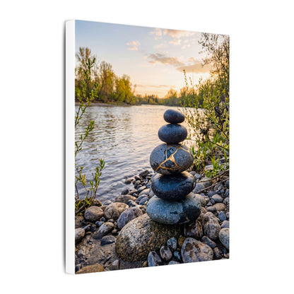 Kintsugi River Stones in Golden Hour | Gold Vein Canvas Art