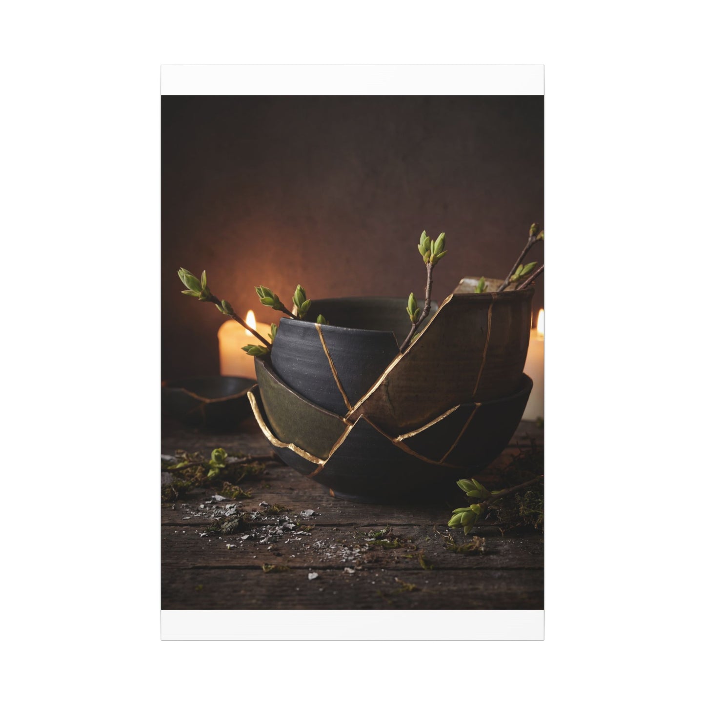 Broken Pottery Spring Canvas Art | Dark Japandi Luxurious Design