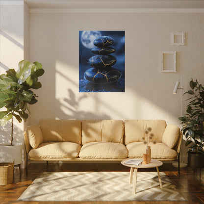 River Stones Canvas Art | Winter Kintsugi Gold Repair Art