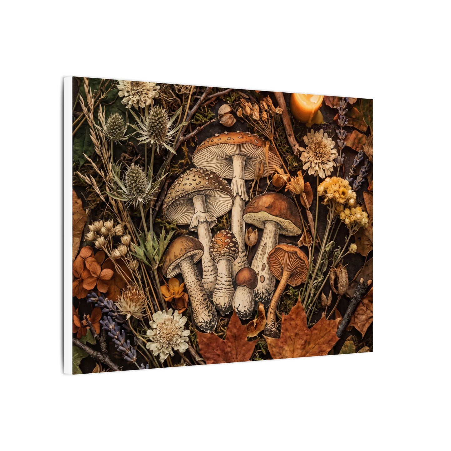 Autumn Dried Flowers Mushroom Illustration Canvas Art | Earthy Decor