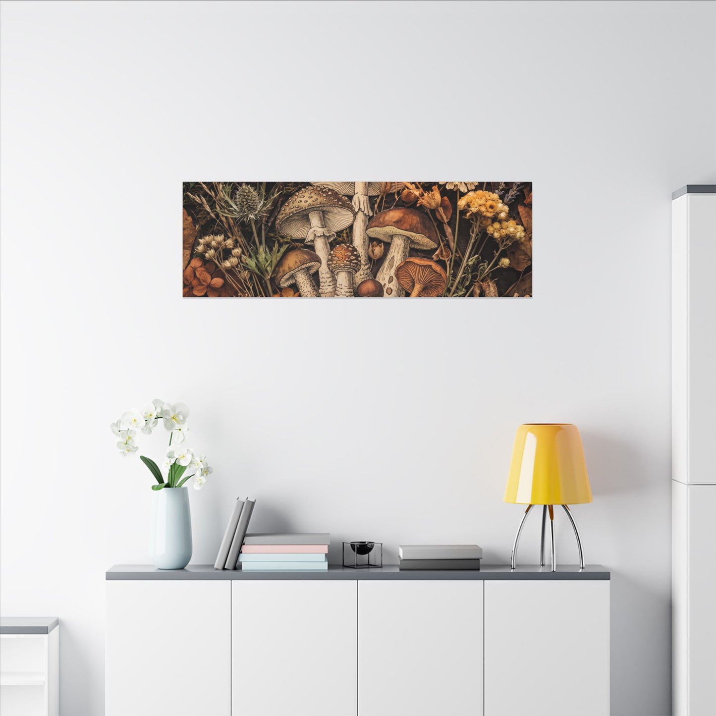 Autumn Dried Flowers Mushroom Illustration Canvas Art | Earthy Decor