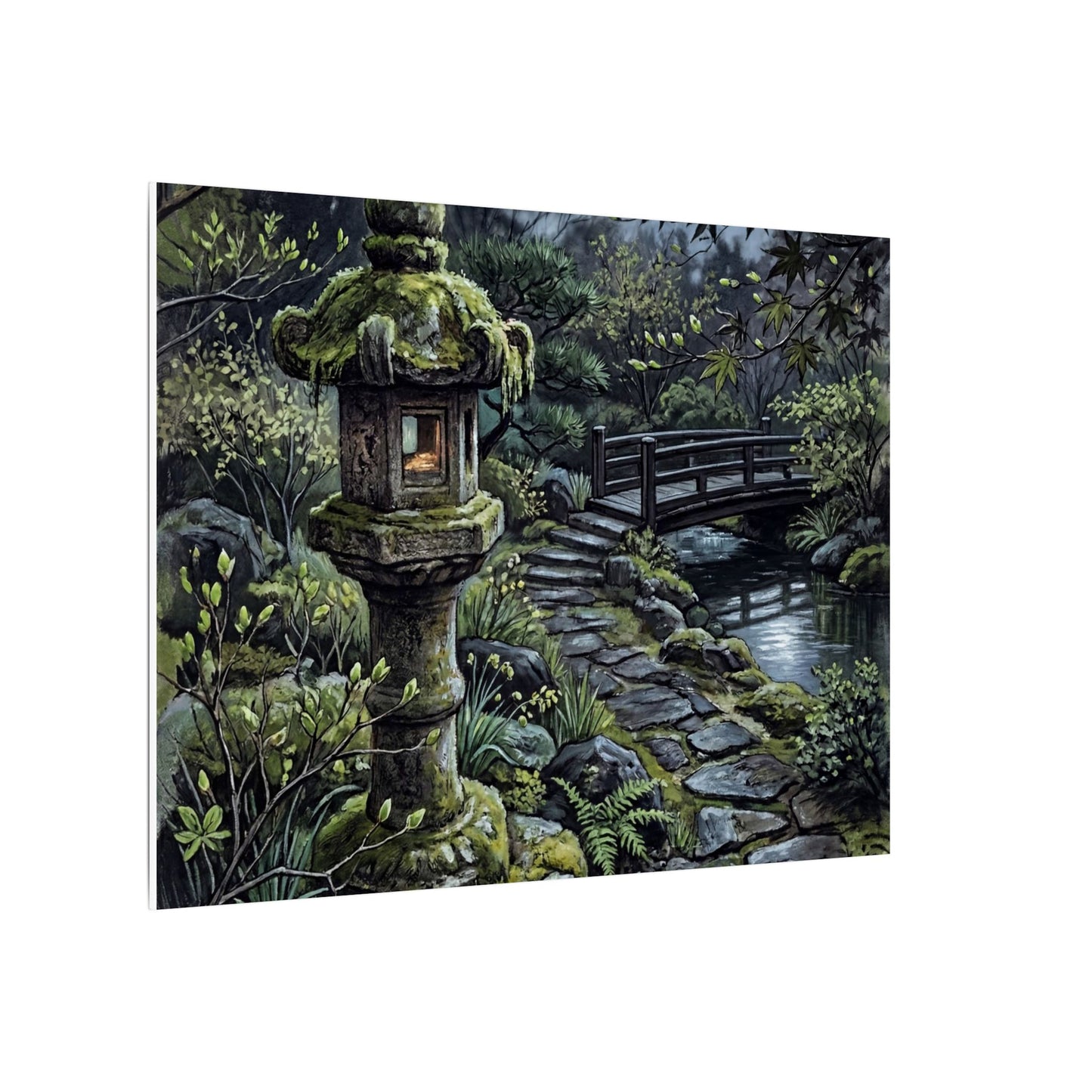 Japandi Stone Lantern in Moonlight | Texture Canvas Art