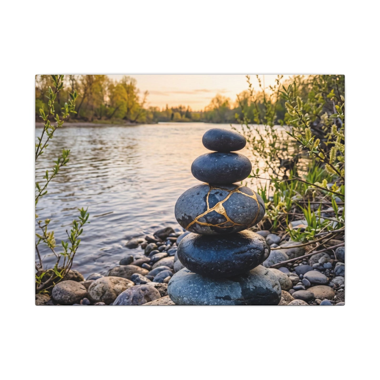 Kintsugi River Stones in Golden Hour | Gold Vein Canvas Art