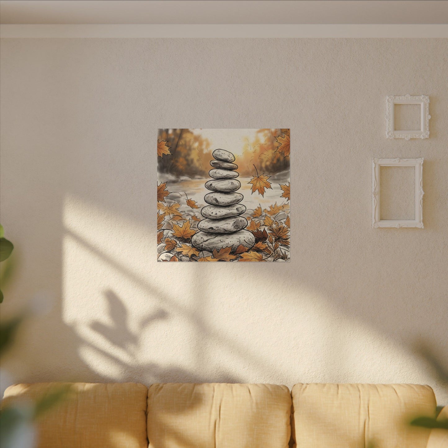 Earthy River Stones Canvas Art - Minimal Line Japandi