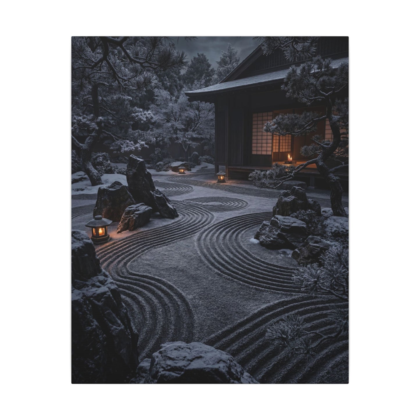 Candlelight Rock Garden Canvas Art - Dark Japandi Fukinsei