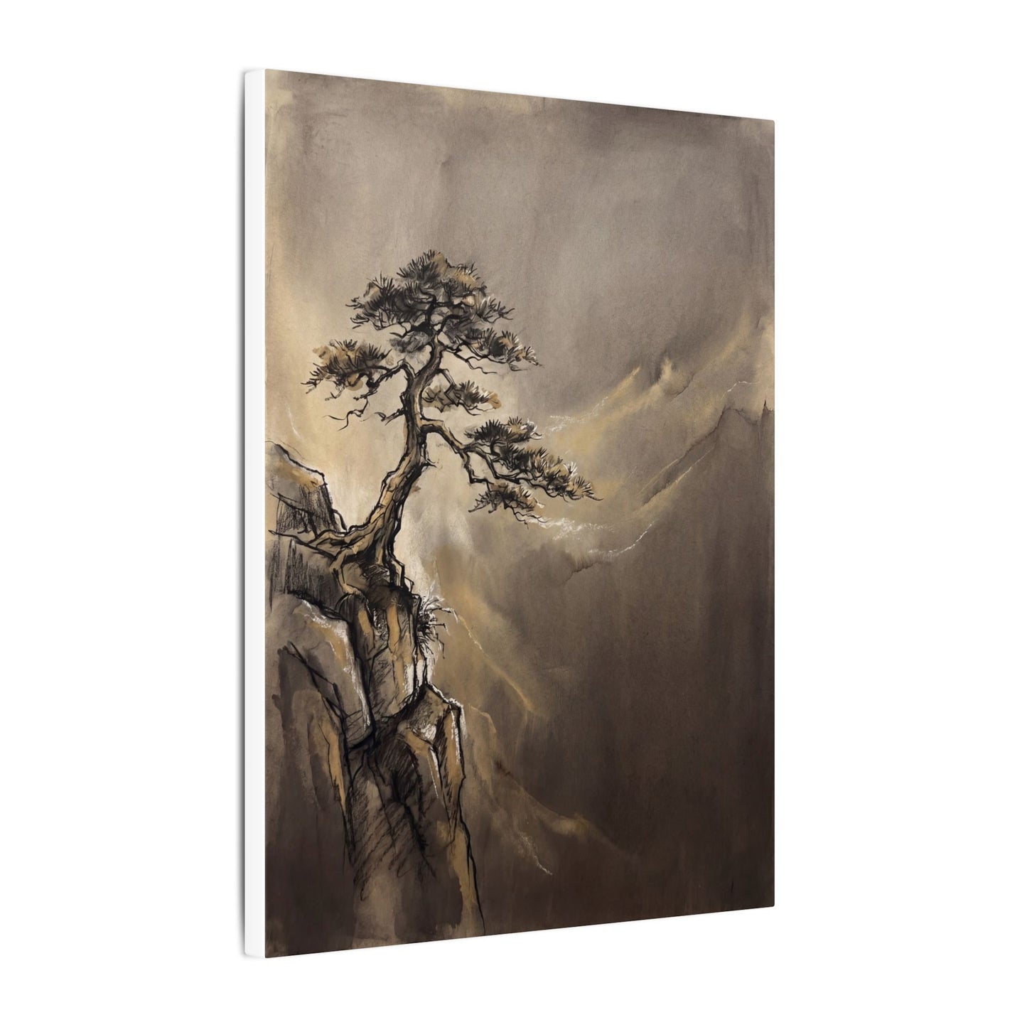 Pine Tree Charcoal Ink Canvas Art | Luxurious Dark Japandi Art