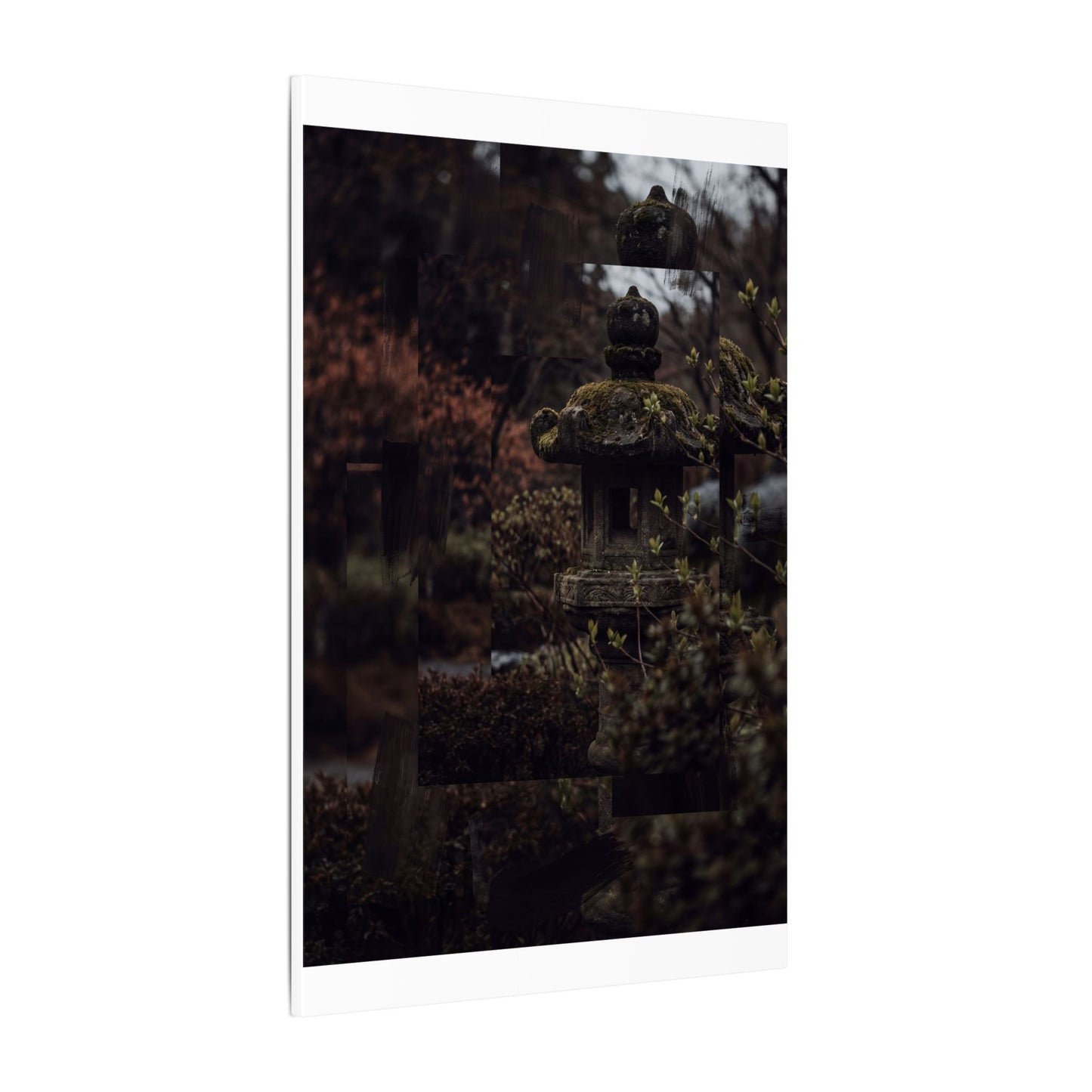 Stone Lantern Spring Canvas Art | Dark Japandi Bold Design
