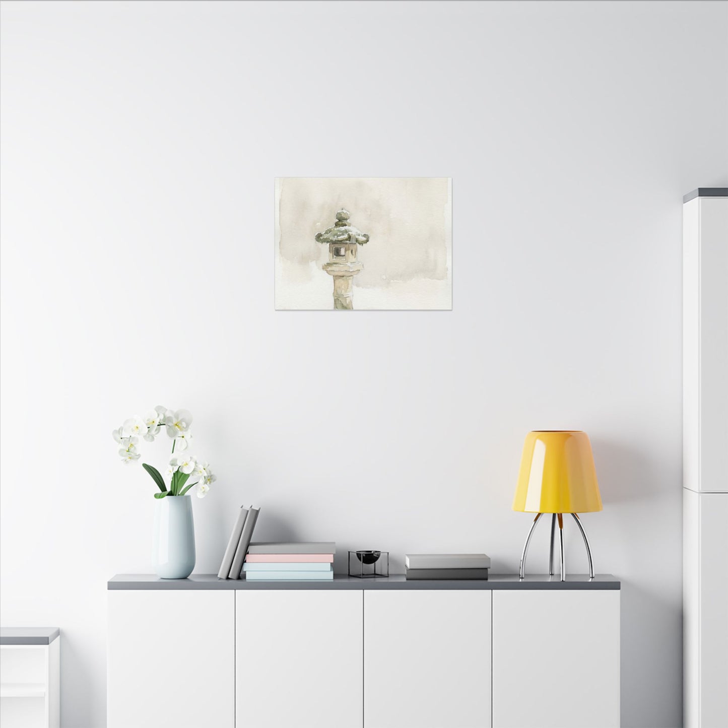 Stone Lantern Winter Canvas Art | Japandi Earthy Design