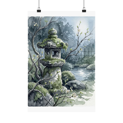 Japandi Stone Lantern in Moonlight | Watercolor Wall Art Print
