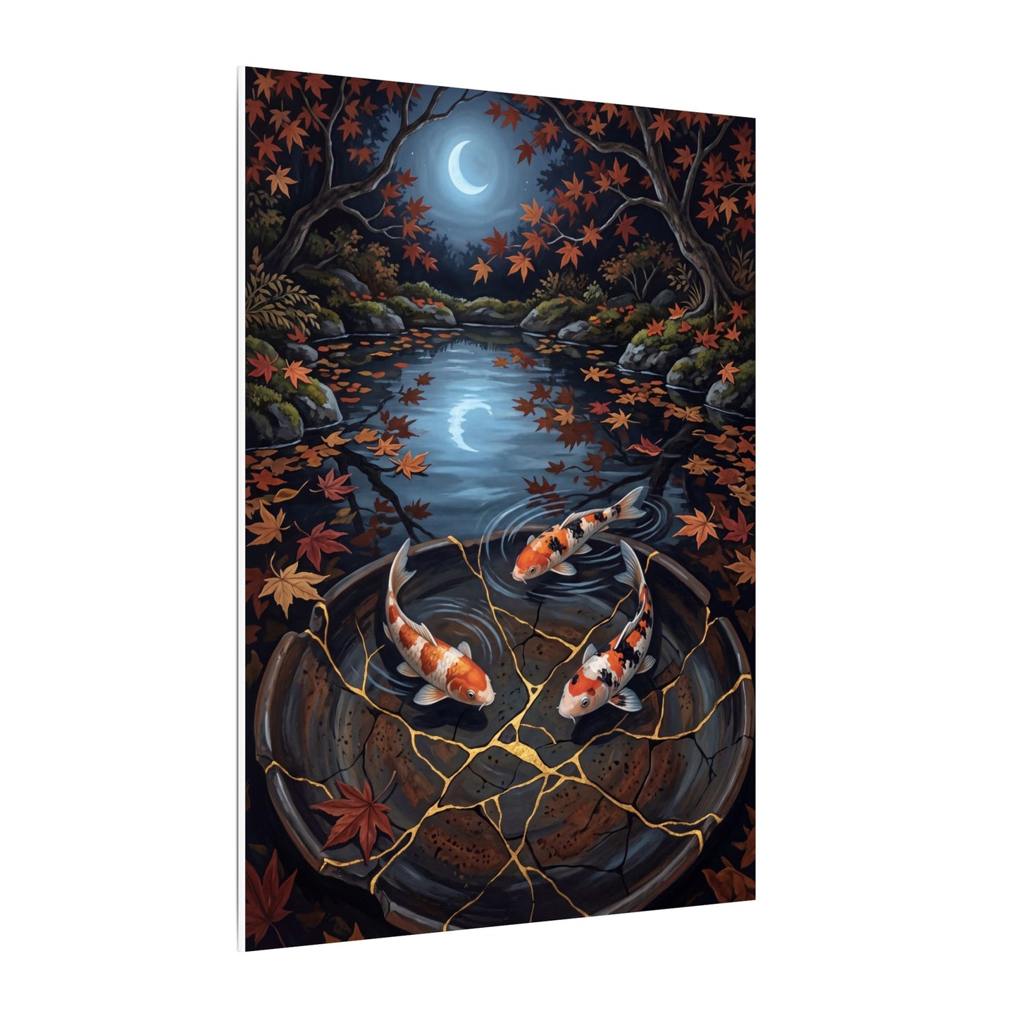 Koi Pond Canvas Art | Autumn Kintsugi Gold Repair Art
