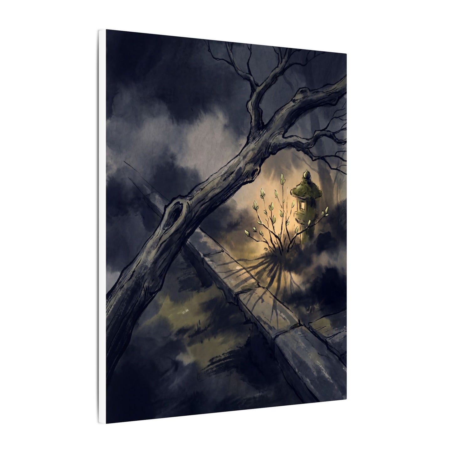 Dark Japandi Moonlit Garden in Golden Hour | Charcoal Ink Canvas Art