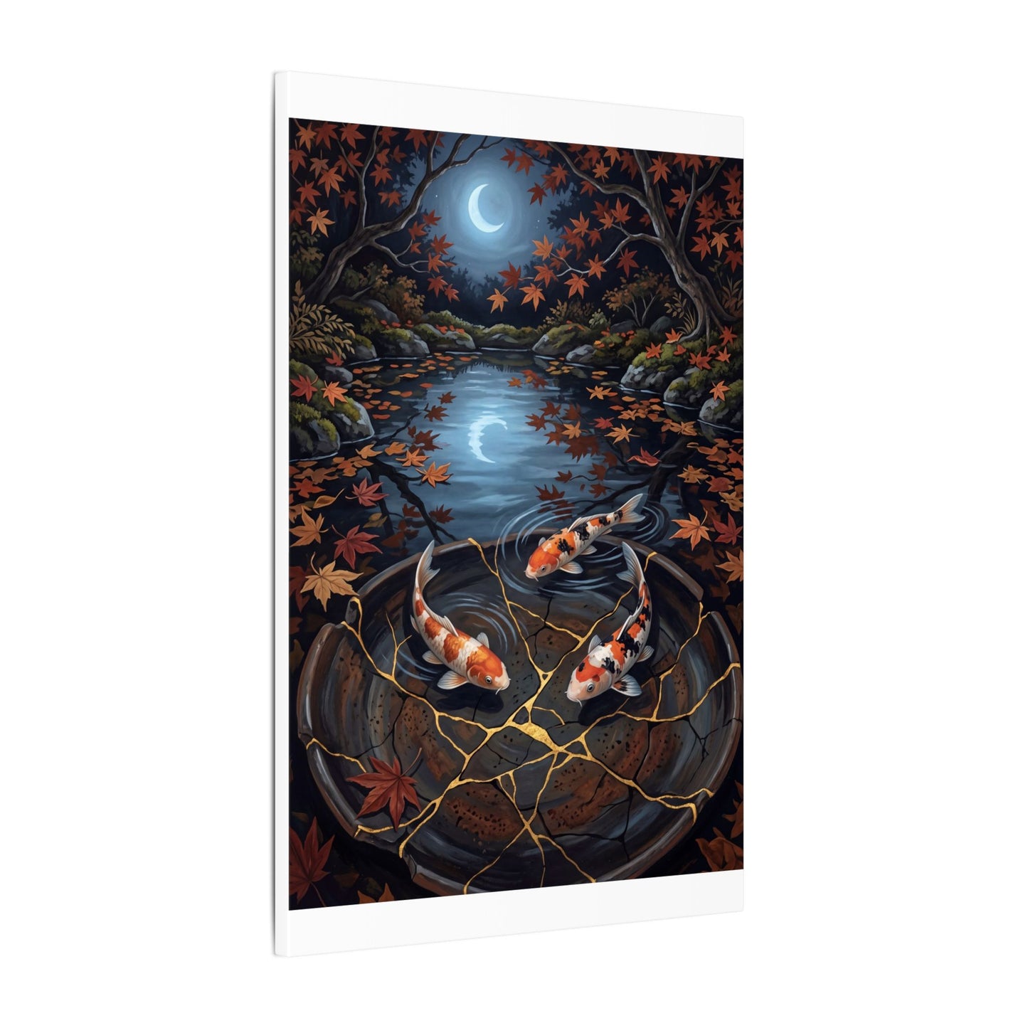 Koi Pond Canvas Art | Autumn Kintsugi Gold Repair Art