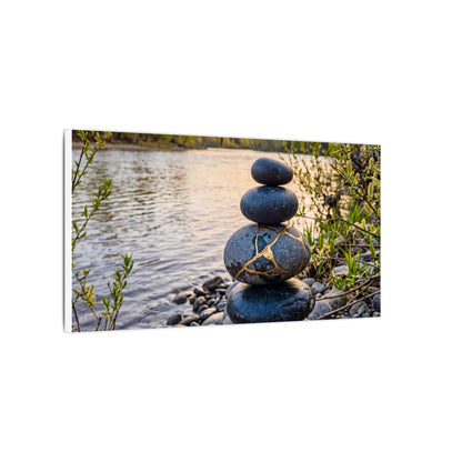 Kintsugi River Stones in Golden Hour | Gold Vein Canvas Art