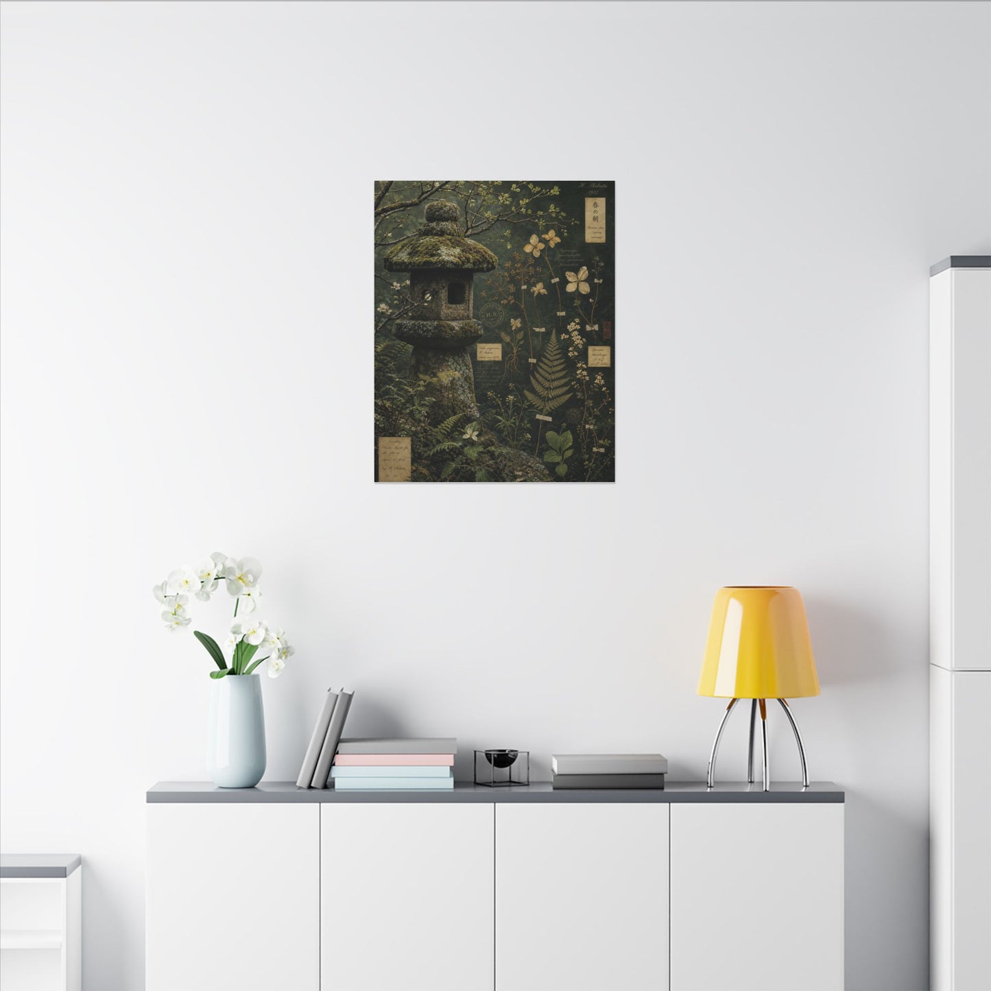 Spring Stone Lantern Herbarium Canvas Art | Nostalgic Decor