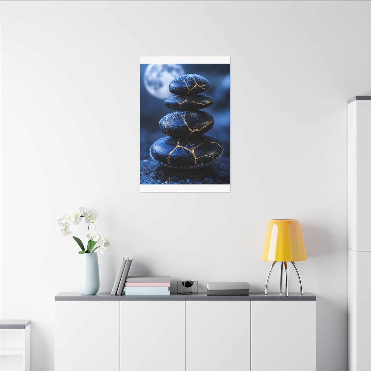 River Stones Canvas Art | Winter Kintsugi Gold Repair Art