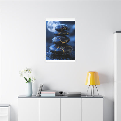 River Stones Canvas Art | Winter Kintsugi Gold Repair Art