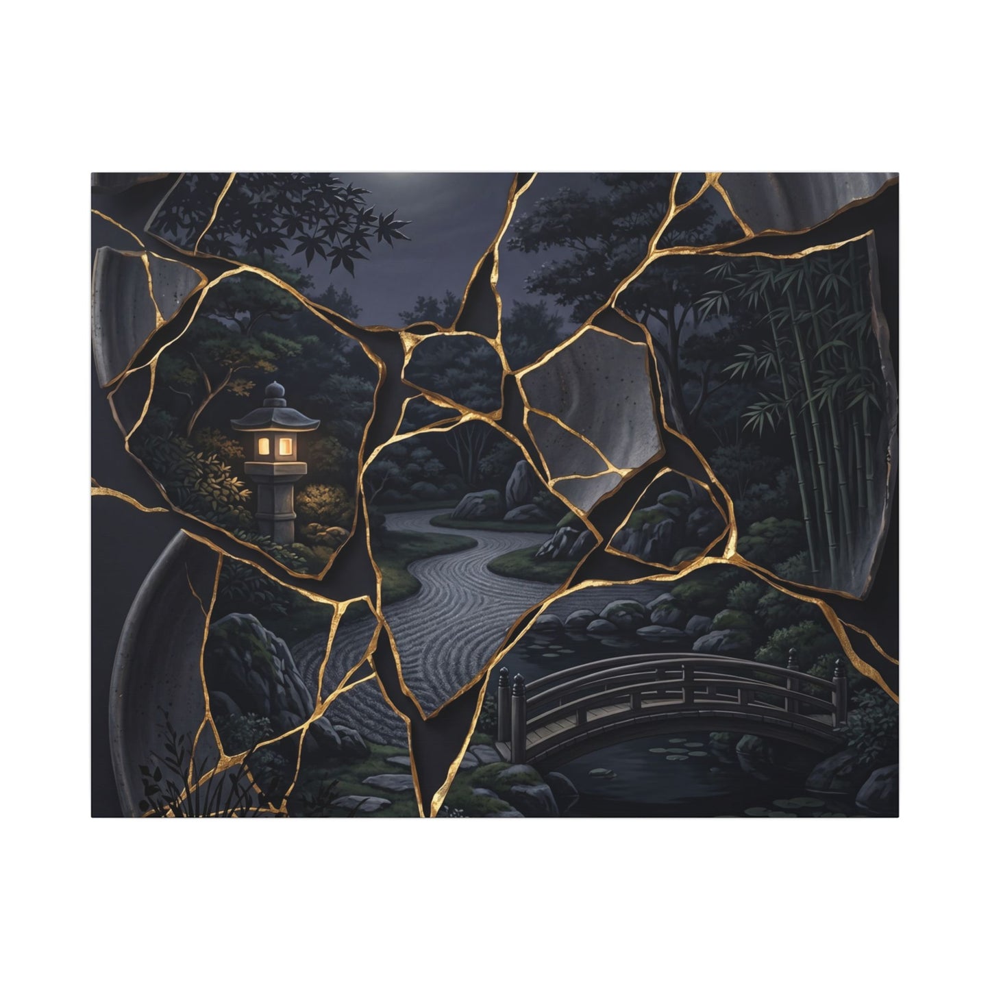 Kintsugi Moonlit Garden in Golden Hour | Gold Repair Canvas Art