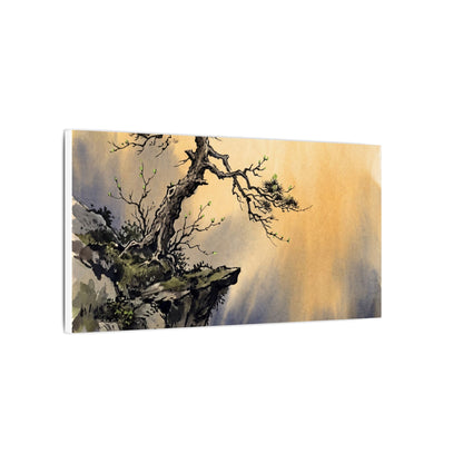 Zen Pine Tree in Golden Hour | Sumi E Canvas Art