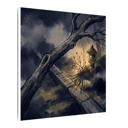 Dark Japandi Moonlit Garden in Golden Hour | Charcoal Ink Canvas Art