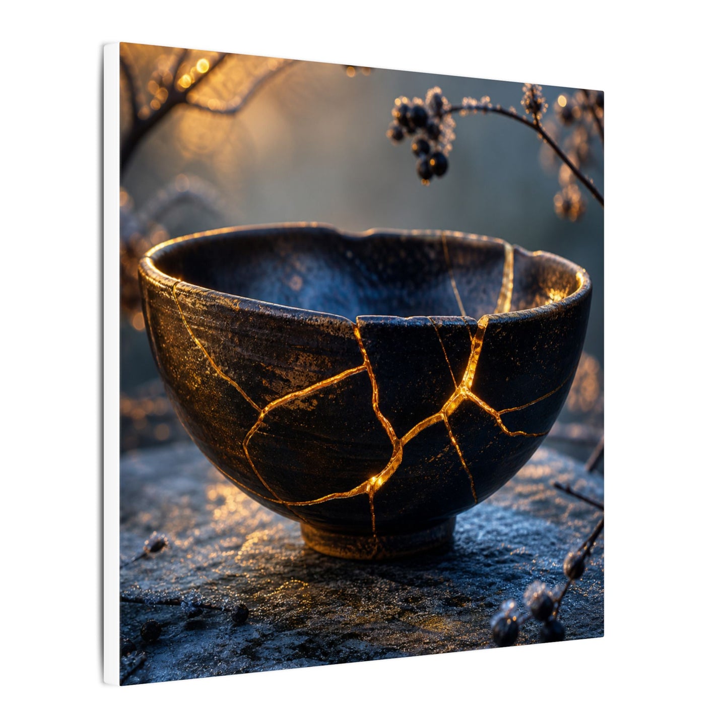 Ceramic Bowl Canvas Art | Winter Kintsugi Gold Repair Art