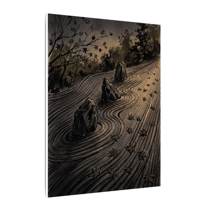 Rock Garden Canvas Art | Autumn Dark Japandi Charcoal Ink Art