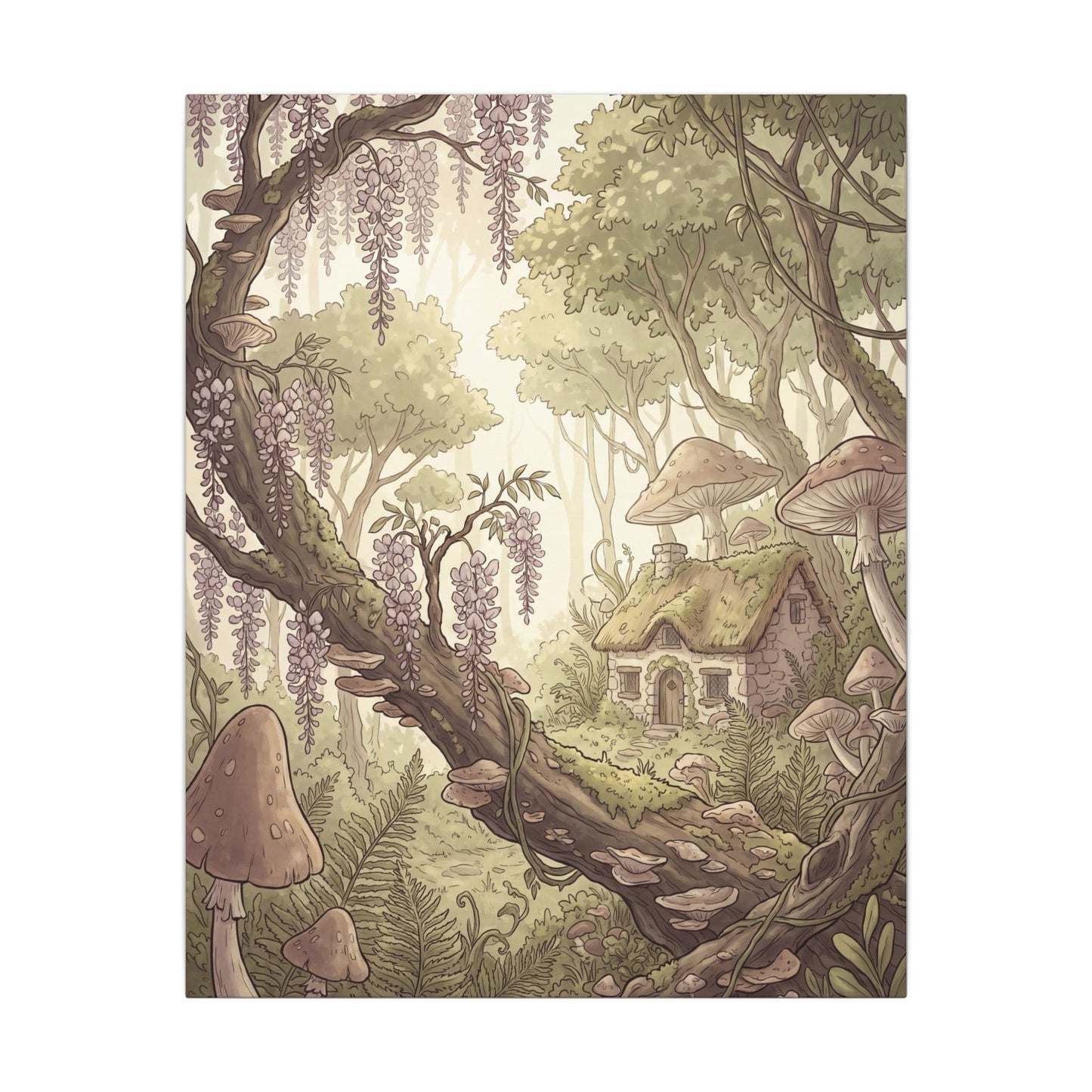 Summer Wisteria Mushroom Illustration Canvas Art | Enchanting Decor
