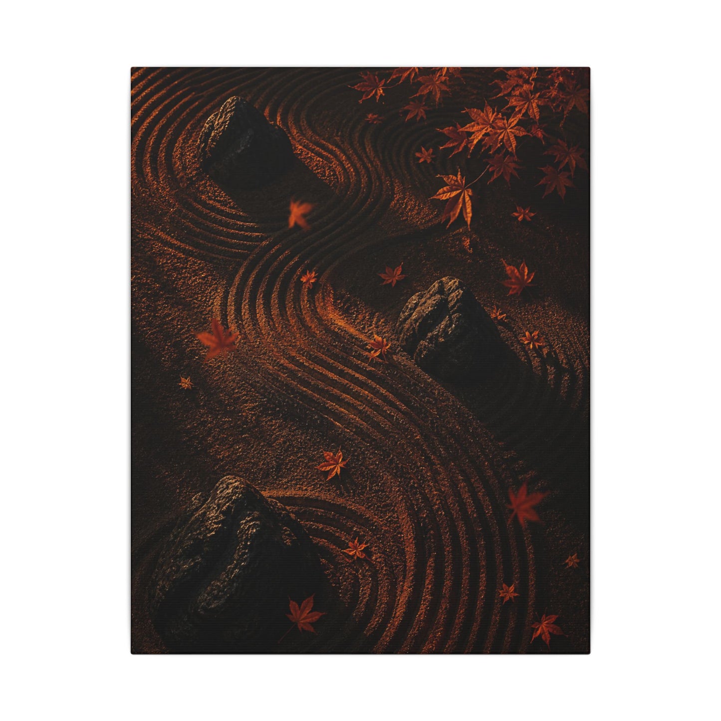 Dark Japandi Rock Garden in Golden Hour | Charcoal Ink Canvas Art