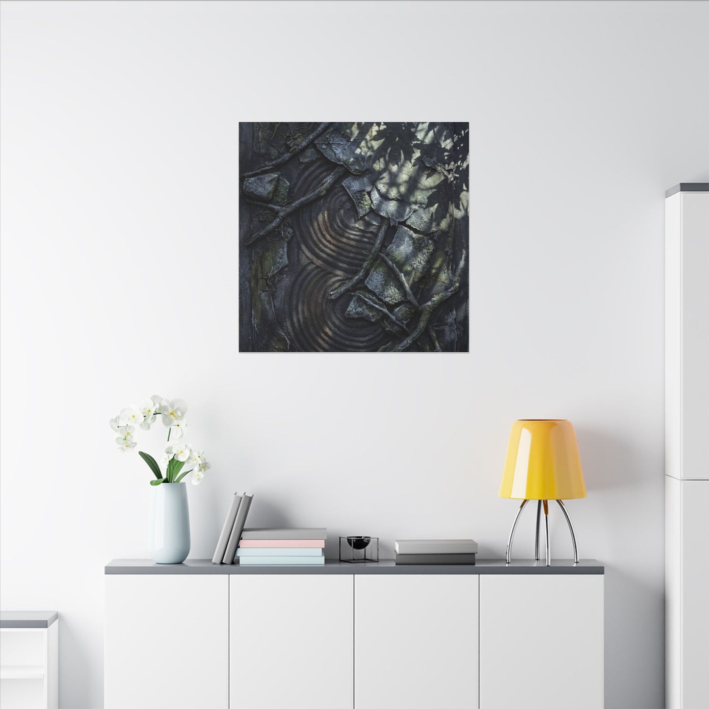 Rock Garden Canvas Art | Winter Dark Japandi Dark Texture Art