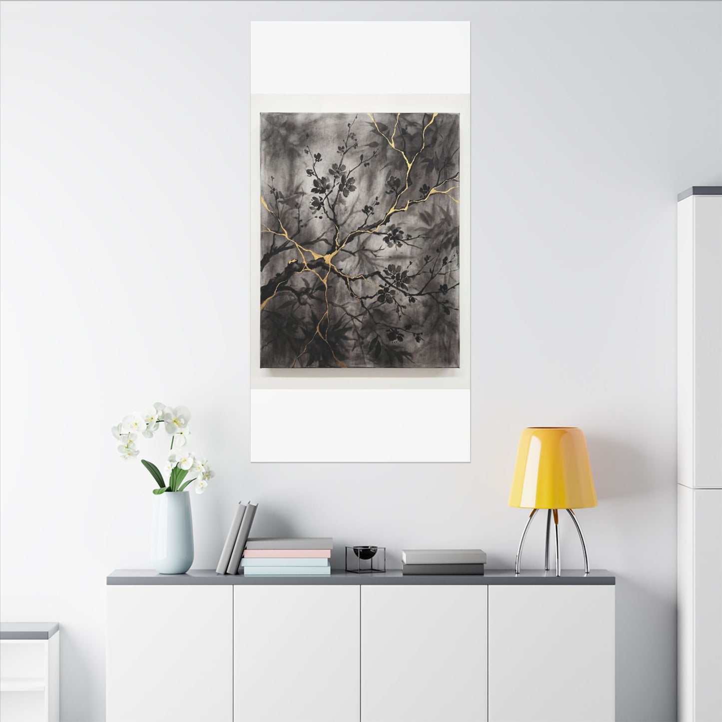 Kanso Cherry Blossom Canvas Art - Kintsugi Crackle Gold