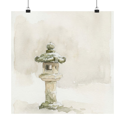 Japandi Stone Lantern in Overcast | Watercolor Wall Art Print