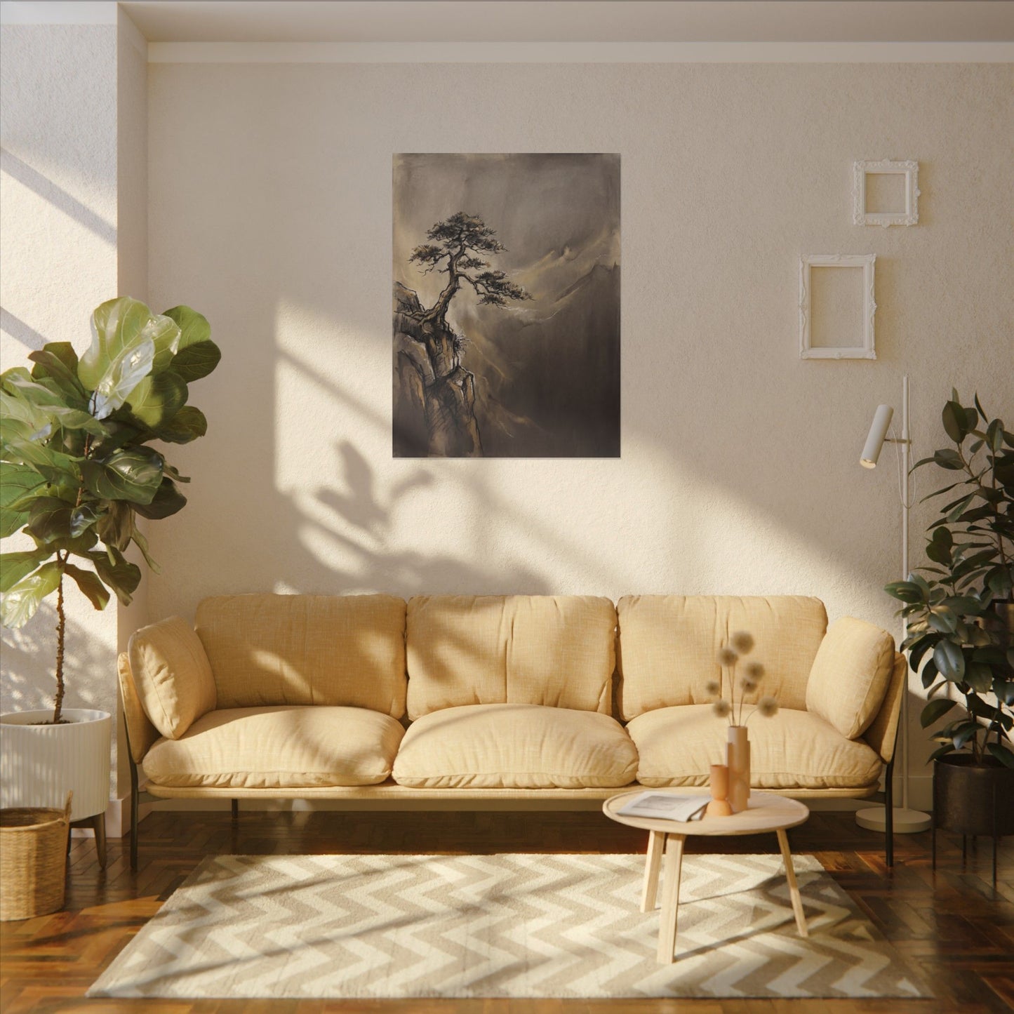 Pine Tree Charcoal Ink Canvas Art | Luxurious Dark Japandi Art