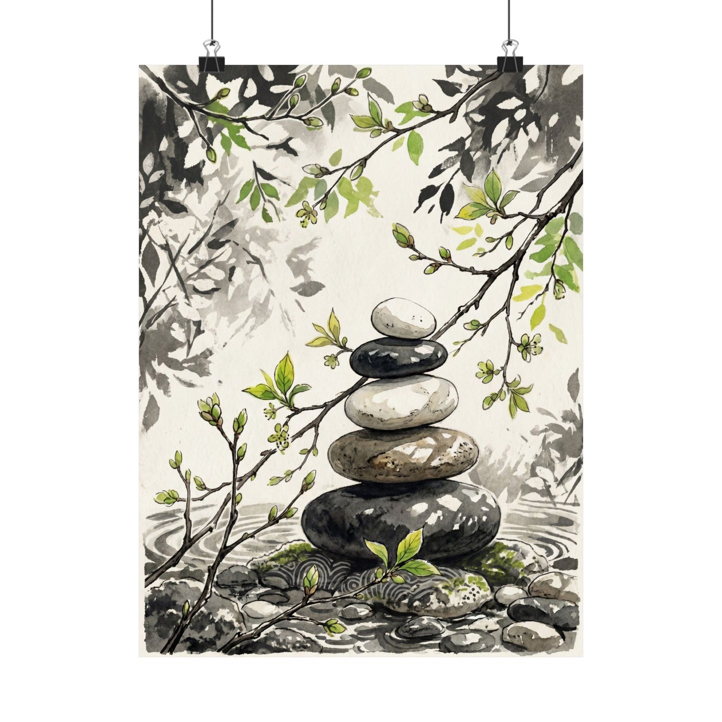 River Stones Spring Wall Art Print | Japandi Warm Design