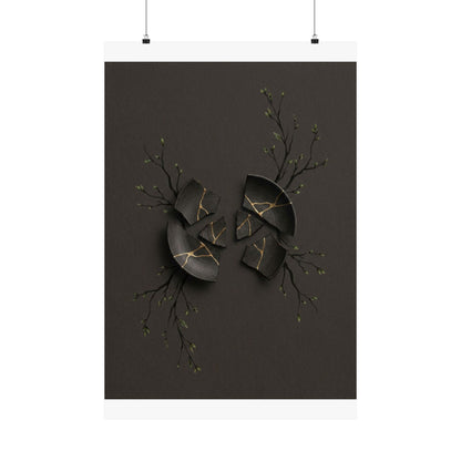 Dark Japandi Broken Pottery in Overcast | Charcoal Ink Wall Art Print