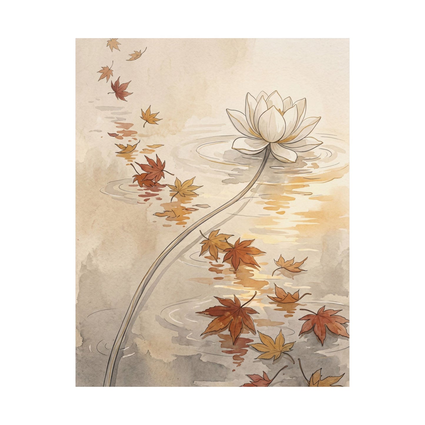 Japandi Lotus Flower in Golden Hour | Minimal Line Wall Art Print
