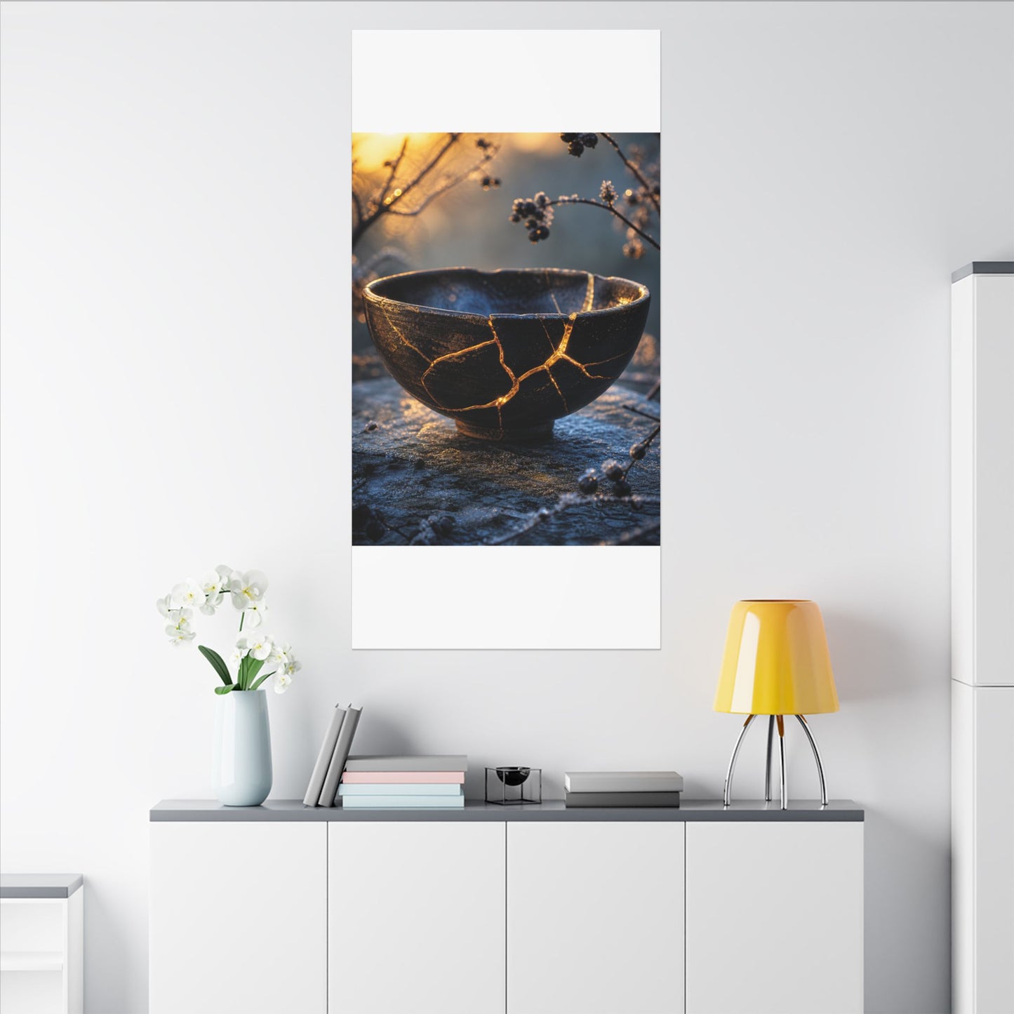 Ceramic Bowl Canvas Art | Winter Kintsugi Gold Repair Art
