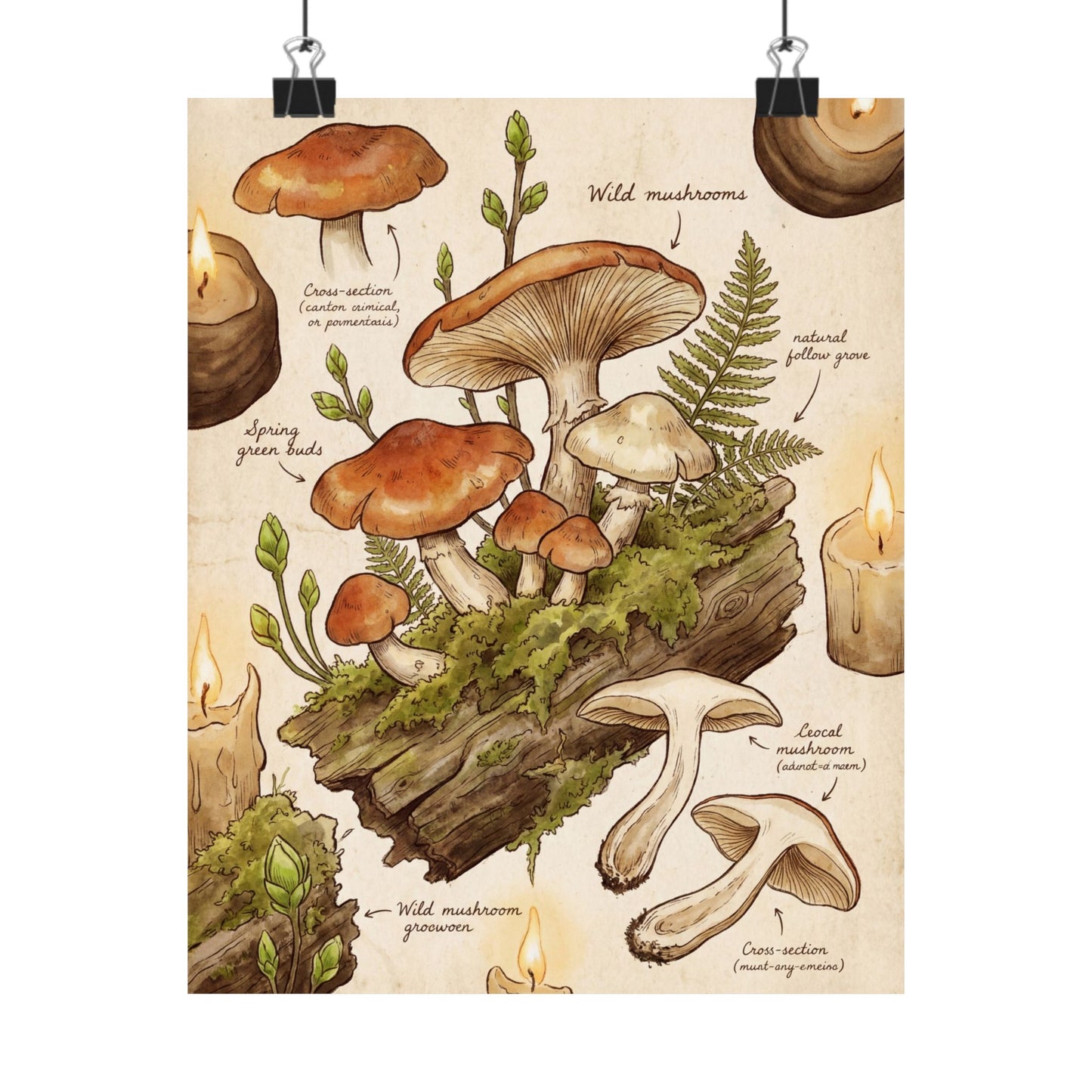 Spring Wild Mushrooms Forest Whimsy Wall Art Print | Rustic Decor Art Print