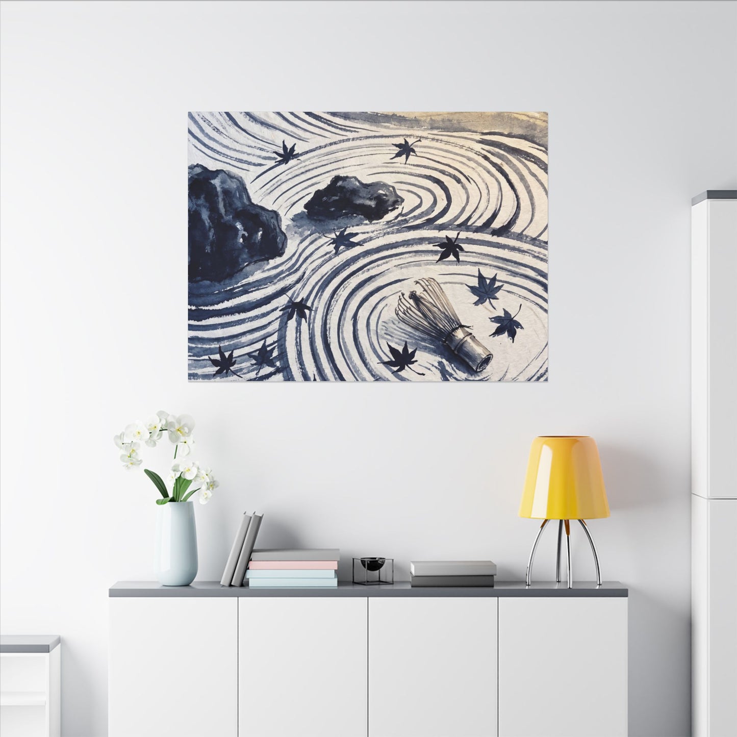 Zen Rock Garden in Golden Hour | Sumi E Canvas Art