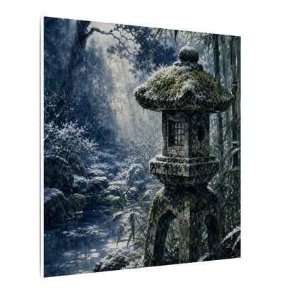 Zen Stone Lantern in Dappled | Sumi E Canvas Art