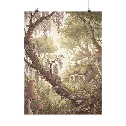 Summer Wisteria Mushroom Illustration Wall Art Print | Rustic Decor Art Print